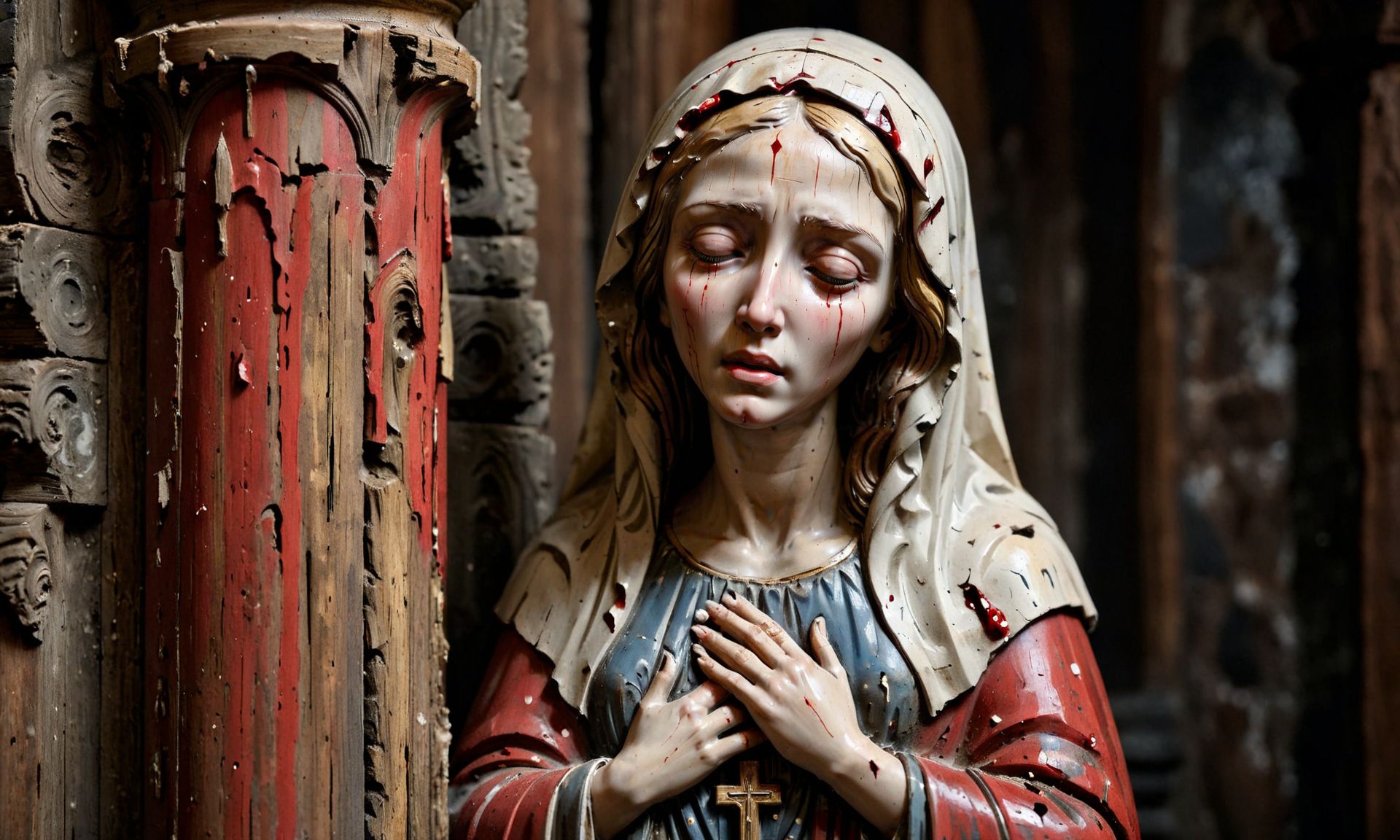 09174-3093974348-_lora_paintedpotterycd_xl-000004_0.3_,a wheathered and decayed painted wooden sculpture of the crying Virgin Mary with (tears of.jpg